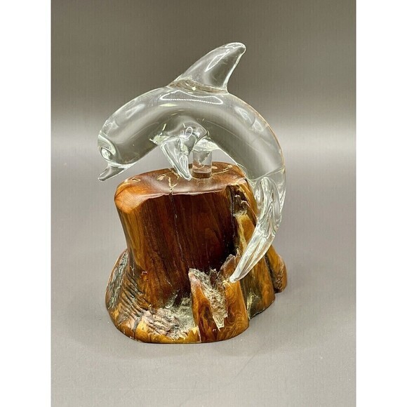 Vtg Clear Glass Dolphin Figurine On Wood Base 4" Hx 2.5" L - Picture 3 of 7